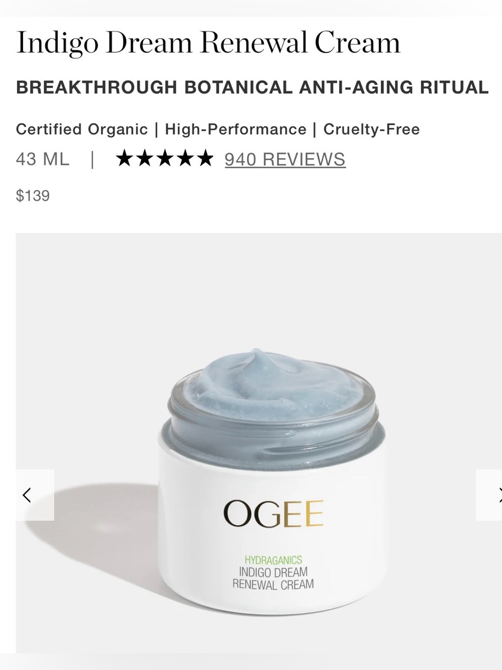 OGEE~Hydraganics Indigo Dream Renewal Cream/NEW! NIB! Anti-Aging Cream!